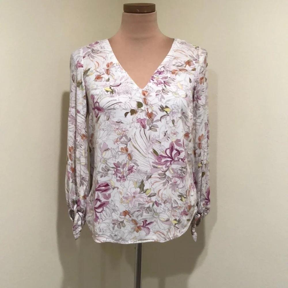Anthropologie Maeve Pernille Top Blouse Size XS Cream Floral Puff Lantern Sleeve